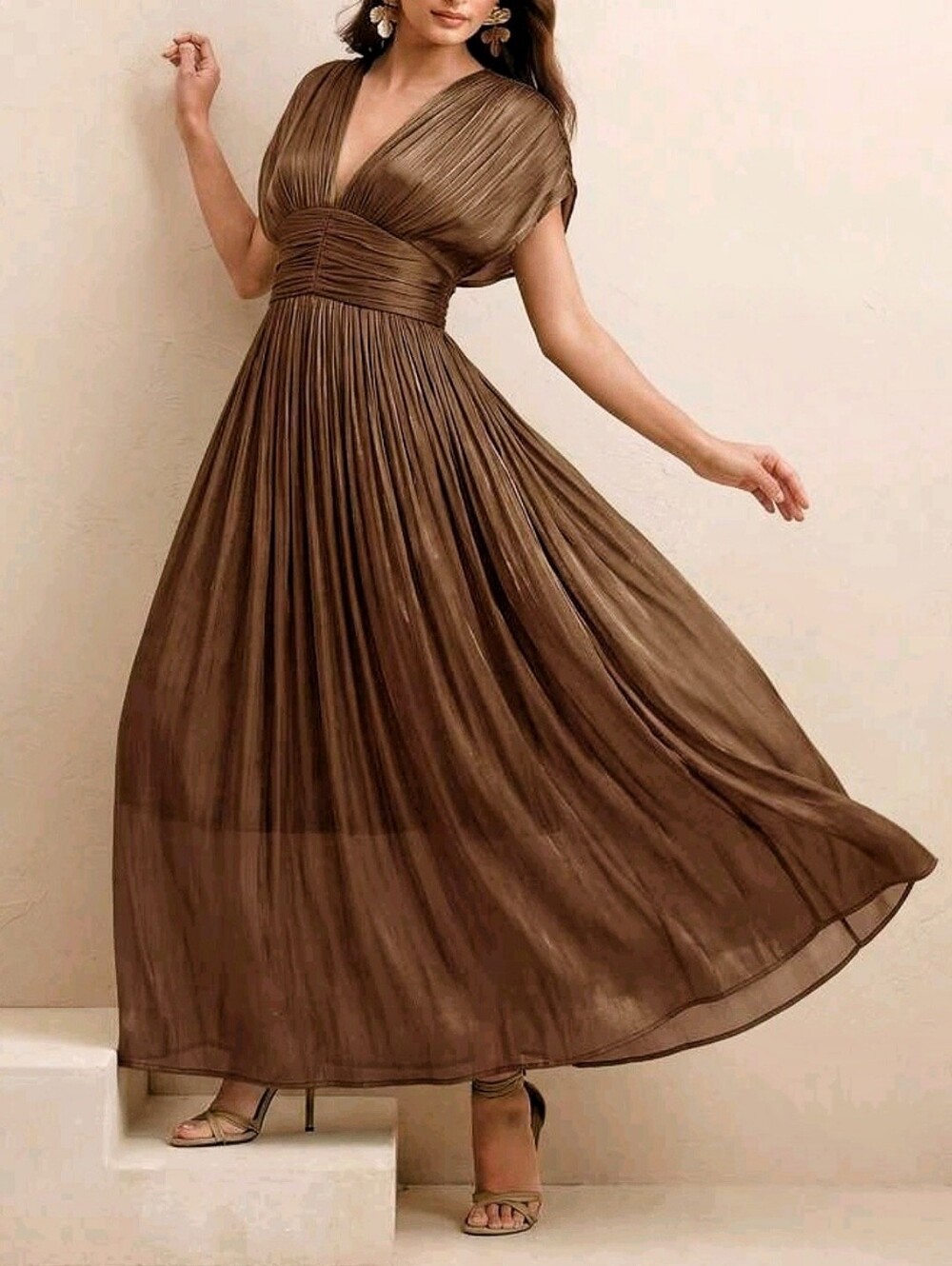 New Luxe Metallic Maxi Ruched Waist Dress Brown